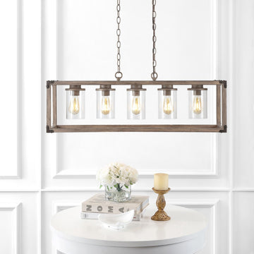 Zeniba 36" Linear Adjustable Iron/Seeded Glass Rustic Farmhouse LED Pendant - JONATHAN Y